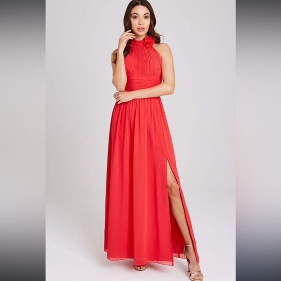 NWT LITTLE MISTRESS SIZE 8 L Selma Poppy Corsage Maxi Dress pink halter flower - Picture 1 of 8